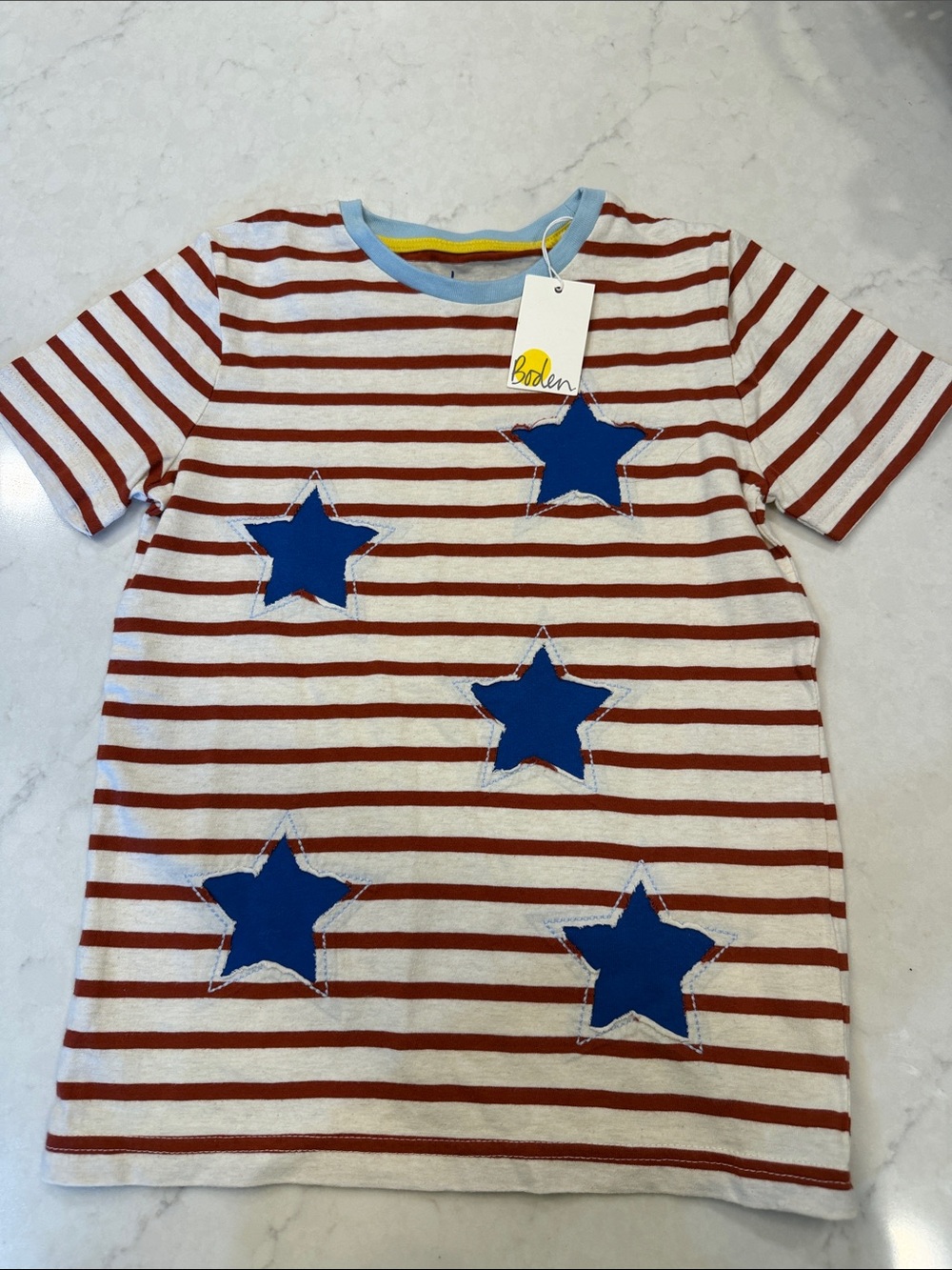 Boden NWT Red & White Striped Tee with Blue‎ Star Appliqués Size 8/9